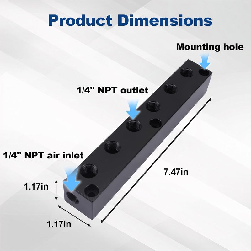 MARSTEK Air Manifold 1/4 NPT, Air Compressor Manifold, Air Hose Inline Manifold Block Splitter, Pneumatic Manifold Air Distribution Block, NPT 1/4 Inch Port (6 Way 8 Port) - Image 4